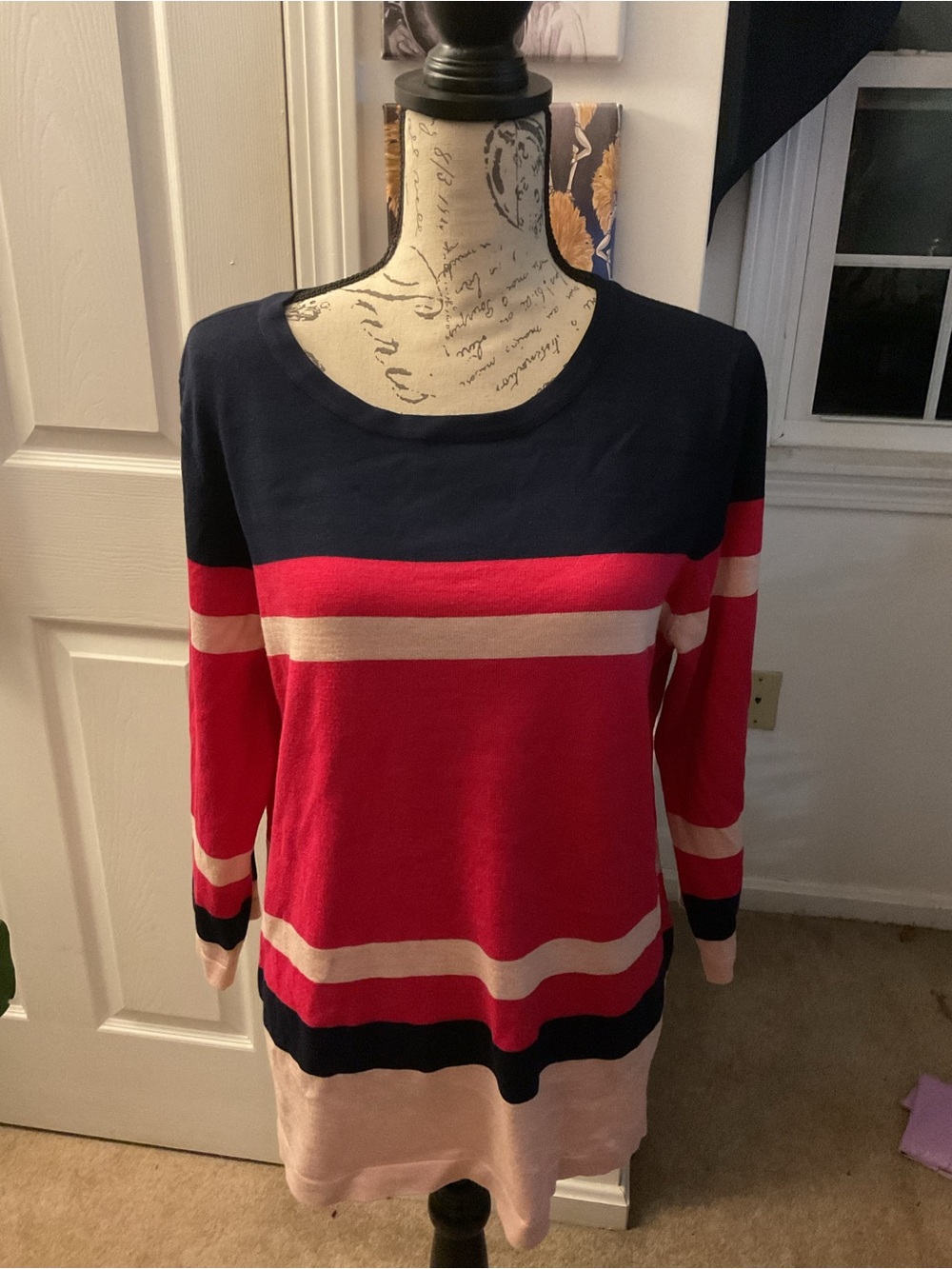 Liz Claiborne Navy, Hot Pink & Cream Stripe Crewneck Sweater